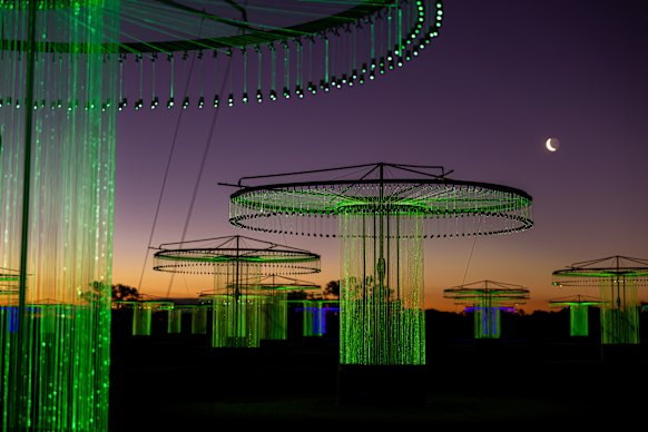 The Hills Hoist takes on artistic form in Bruce Munro’s Fibre Optic Symphonic Orchestra (FOSO) at the Perry Sandhills,  Wentworth.