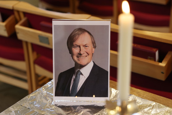 A portrait of English MP David Amess ahead of his funeral. He was stabbed to death during a constituency meeting. 