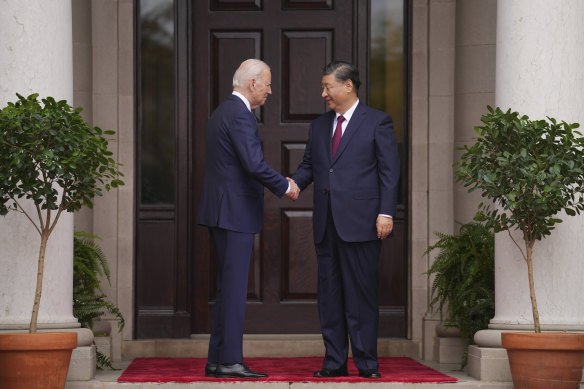 President Joe Biden greets China’s President Xi Jinping at the Filoli Estate in Woodside, California.