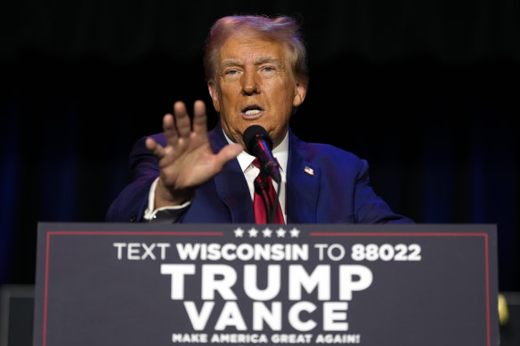 Republican presidential nominee former President Donald Trump speaks at a campaign event in Prairie du Chien, Wisconsin.