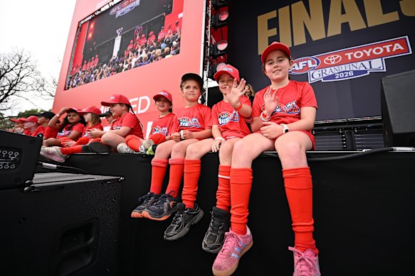 Auskickers on the stage at the grand final parade.