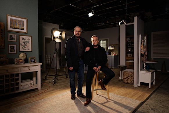 Actors Alan Fletcher (left) and Stefan Dennis on the set of Neighbours on the final day of filming.