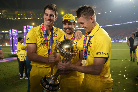 Australia’s World Cup match-winners Pat Cummins, Travis Head and Marnus Labuschagne.