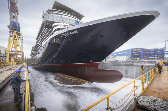 Seawater floods the drydock at the Fincantieri Marghera shipyard in Venice, Italy during Queen Anne’s float out in May.