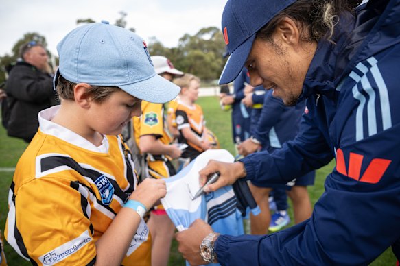 Jarome Luai meets fans on Monday after spending three nights in hospital being treated for a staph infection.