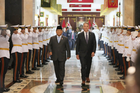 Australian Defence Minister Richard Marles (right) with Prabowo Subianto in Jakarta in February.