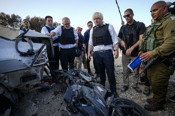 Former British prime minister Boris Johnson and former Australian prime minister Scott Morrison on a visit to Israel last month