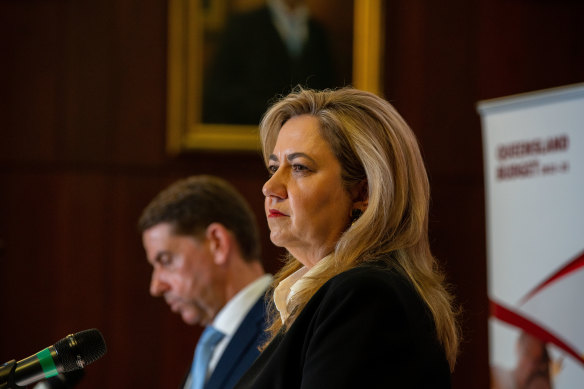  Treasurer Cameron Dick and Premier Annastacia Palaszczuk discuss the 2022-23 state budget at a press conference in Brisbane.