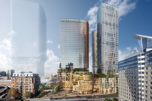 Two towers are part of a $2.5 billion redevelopment planned to be built next to Atlassian's headquarters, which will be in the shaded area on the left.