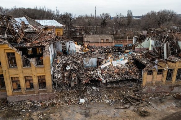 A building lies in ruins after being hit by a Russian attack in Kostyantynivka, Ukraine in later January.
