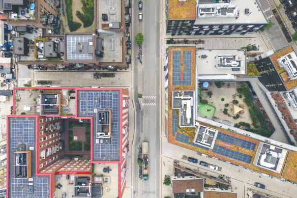 Nordhavn’s buildings have solar panels, plants and grass on the rooftops to  help support a sustainable lifestyle.