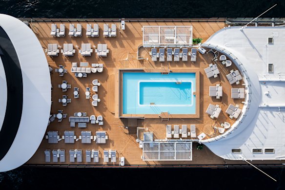 The pool deck of Luminara, the newest ship in the luxury Ritz-Carlton Yacht Collection.