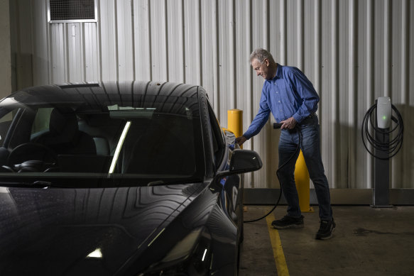 Pyrmont resident Mark Muntz charging up an electric car. 