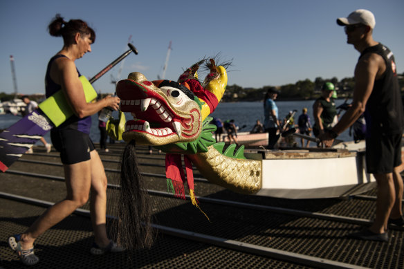 Members of the Dragon Boat Team will practice at Blackwattle Bay ahead of Sydney's Dragon Boat Races in Darling Harbour, this weekend.