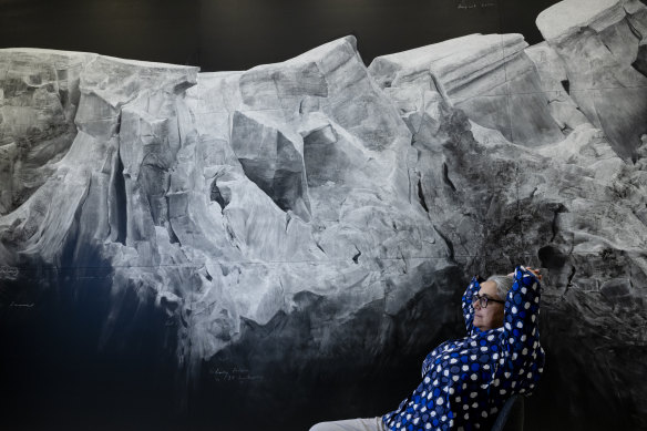 Tacita Dean in the fore of The Wreck of Hope (2022), depicting a receding glacier and the impacts of climate change.