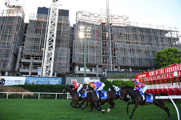 Horses race past the rising apartment development at Moonee Valley Racecourse.