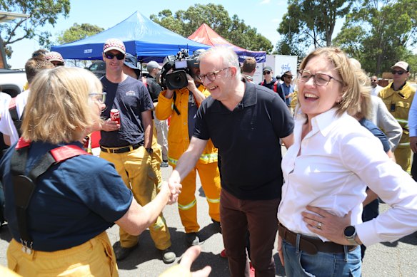 Then-premier Jacinta Allan with Prime Minister Anthony Albanese in the fire-ravaged town of Harcourt earlier this year.