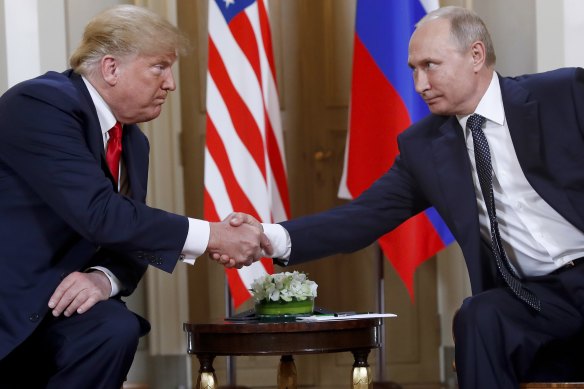 Trump and Vladimir Putin in 2018. Trump’s decision to begin negotiating a peace deal on Ukraine with Putin, while sidelining Ukraine, is being closely watched in Taiwan.