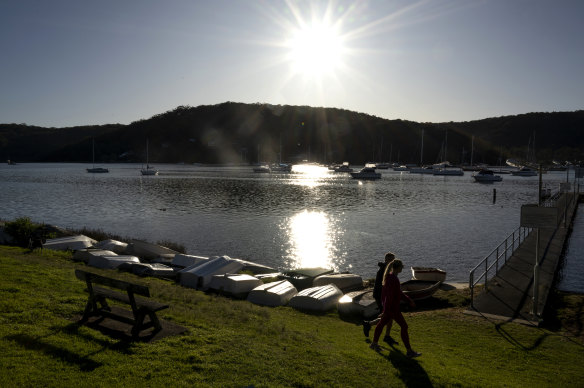 Boats moored at Hardys Bay, across the Hawkesbury River from Pittwater. The Bouddi Peninsula is opposite Barrenjoey Headland.