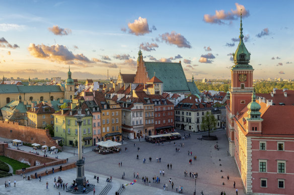 Warsaw’s old town at sunset. 
