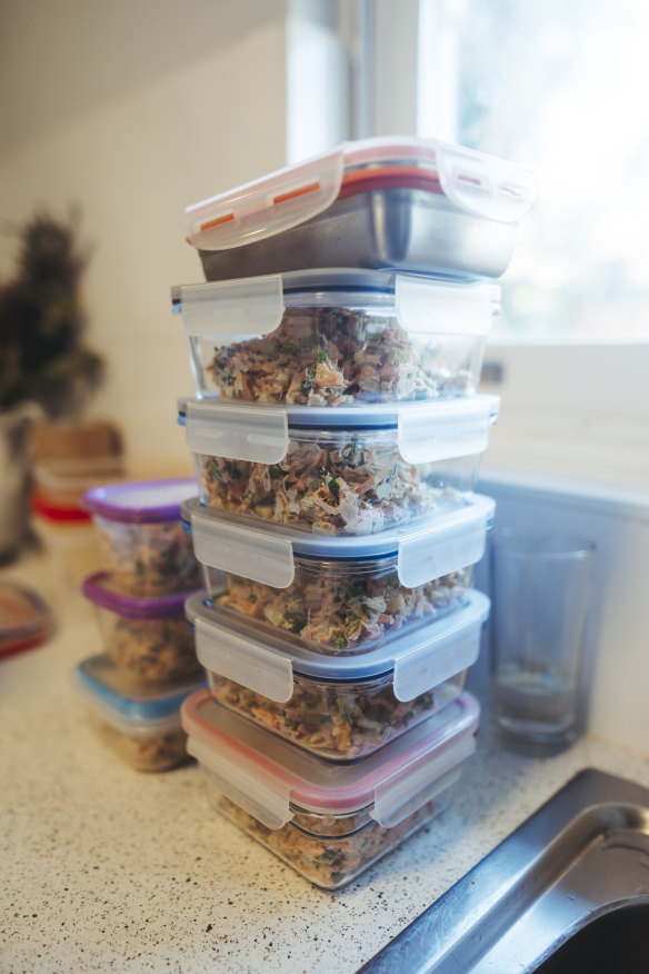 A tower of containers while meal prepping with David Pocock’s wife, Emma.