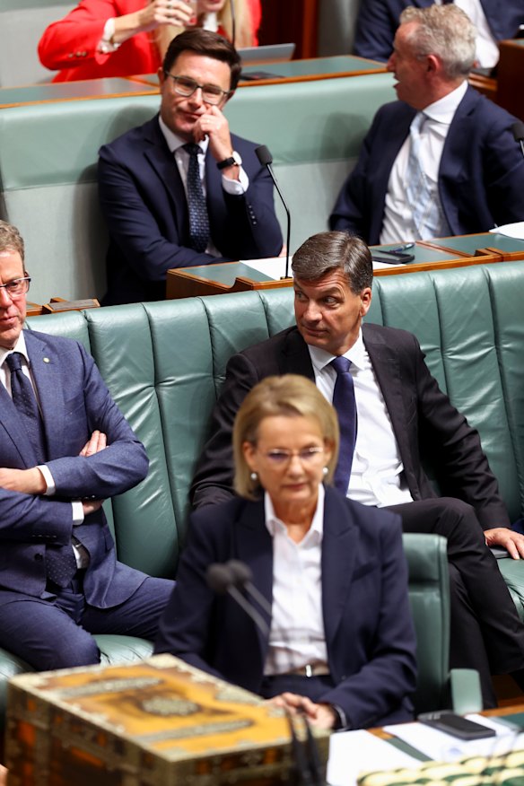 Opposition Leader Sussan Ley, Shadow Defence Minister Angus Taylor and Nationals Leader David Littleproud during question time on Tuesday.