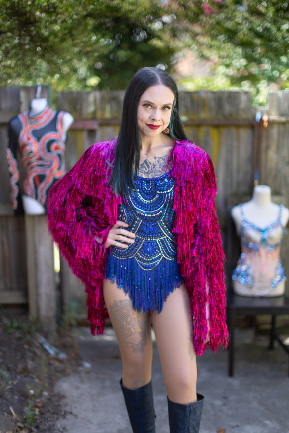 Katy Humm from Geelong has recreated three of Swift’s iconic concert looks: the <i>Reputation, Midnights</i> (pictured wearing) and <i>Lover</i> bodysuits.