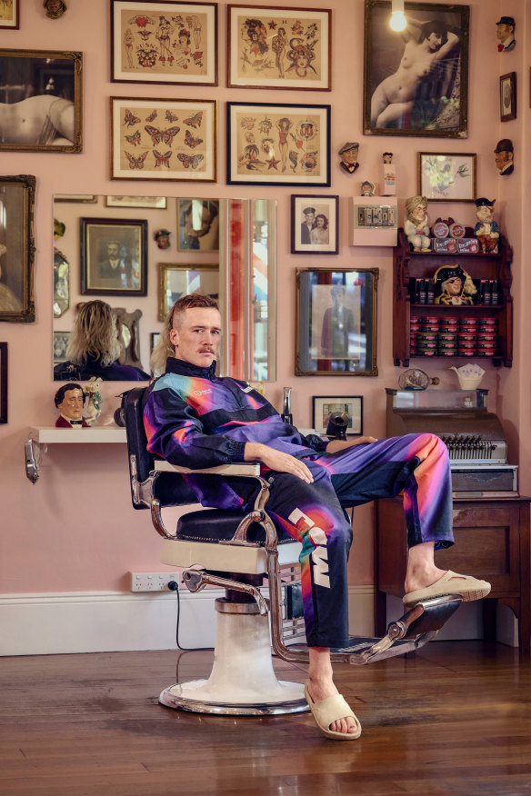 Nedd Brockmann at The Happy Sailors Barbershop, Redfern. Brockmann only listened to music for the final 10 kilometres of each day on his run across the Nullabor. “That was my reward for putting up with the 90 kilometres of not having it.”