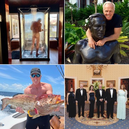 Shots from Norman’s Instagram account (clockwise from top left): in the shower; embracing a sculpture of himself; at the White House in 2019 with his third wife, Kirsten Kutner, then-PM Scott Morrison and wife Jenny, and then-US president Donald Trump and wife Melania; fishing in June.