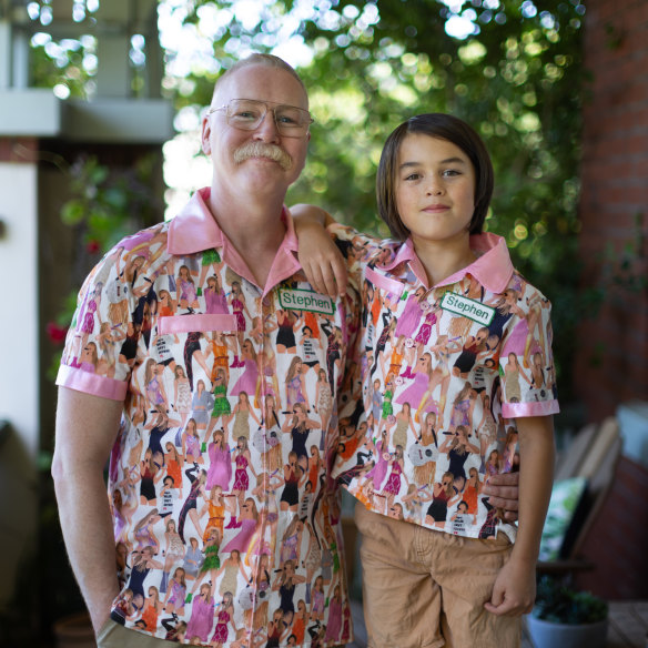 Steven Sloan and son Rupert in their handmade shirts. The “Stephen” name patch is a reference to Swift’s song <i>Hey Stephen</i>.