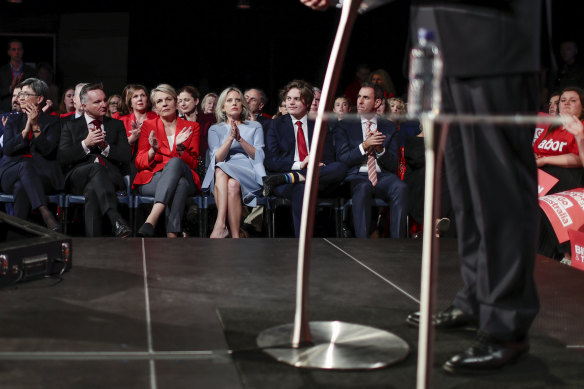 Labor senator Penny Wong, shadow treasurer Chris Bowen, Deputy Opposition Leader Tanya Plibersek, Chloe Shorten and Rupert listen as Bill Shorten addresses a rally in Sydney’s inner west last month. 