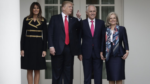 President Donald Trump and first lady Melania Trump meet Australian Prime Minister Malcolm Turnbull and his wife Lucy Turnbull at the White House.