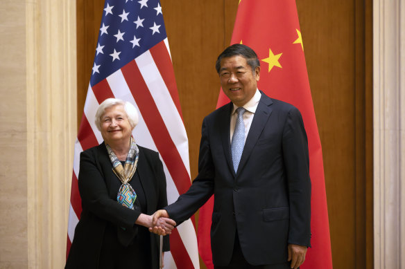 Treasury Secretary Janet Yellen with Chinese Vice Premier He Lifeng in Beijing.