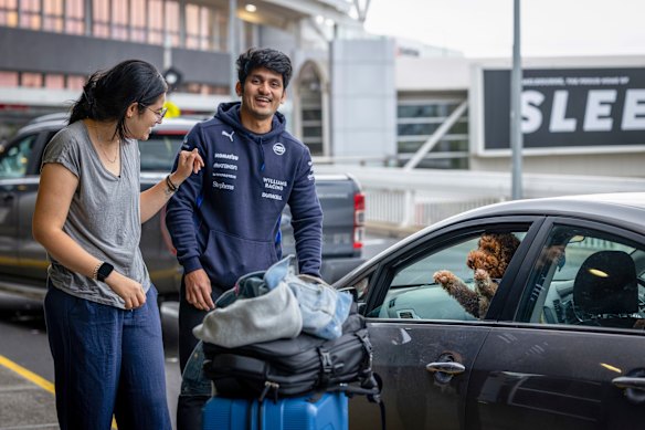 Arjun Mohan, Malini V and dog Furphy. Kerbside drop off and pick up is going to end at Melbourne airport.