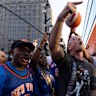 Brooklyn Rapper Kosha Dillz performs with New York Knicks fans outside Madison Square Garden.
