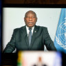 Cyril Ramaphosa, South Africa’s president, speaks in a prerecorded video during the United Nations General Assembly via live stream.