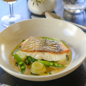 Fish with asparagus, snow peas, cauliflower and scallop sauce.