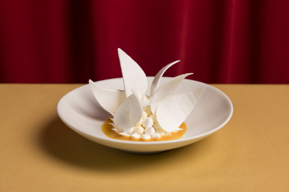 Peter Gilmore’s signature dish for the Chefs of the House: Sydney rock oysters with lemon pepper granita and pavlova.