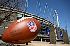 A giant NFL football outside the MCG.A giant NFL football outside the MCG.