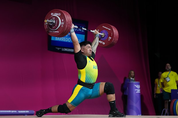 Australia’s Ridge Barredo competes in the Men’s 110kg Weightlifting Final at the Commonwealth Games in Glasgow, Scotland, Thursday, July 30, 2026. (AP Photo/Eranga Jayawardena)