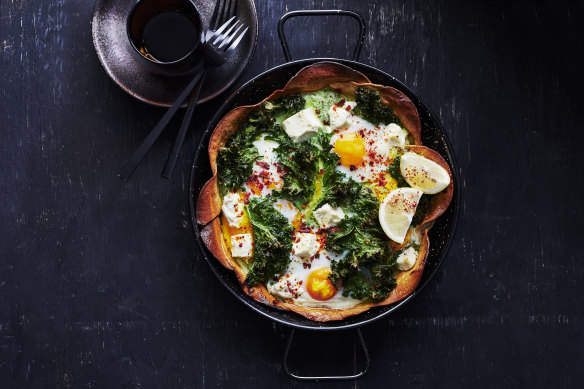 Super-green baked chilaquiles with eggs.