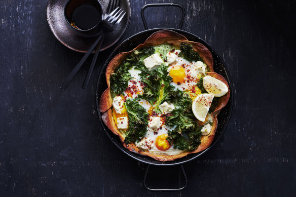 Super-green baked chilaquiles with eggs.