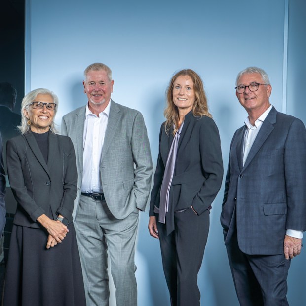 AFR Director Roundtable portrait photo: All dressed in suits and smiling from left Mark Rigotti , Elena Rubin,Mike Hirst, Helen Kurincic, Kee Wong, Michael Wachtel