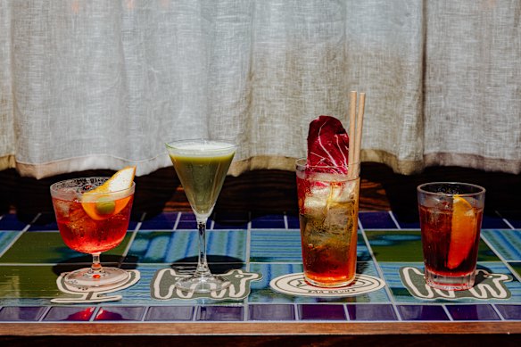 Cocktails from left: Negroni, grasshopper, strawberry radicchio spritz and Milano Torino.