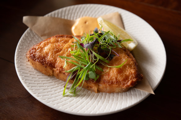 Prawn toast tops an entire slice of sourdough with prawn mousse.