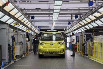 A new Volkswagen ID Buzz microbus rolls off the production line in Hanover. 