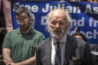 John Shipton, Julian Assange’s father,  and Gabriel Shipton (left) outside the British consulate in New York on Friday after Britain ordered the Australian publisher’s extradition to the US.