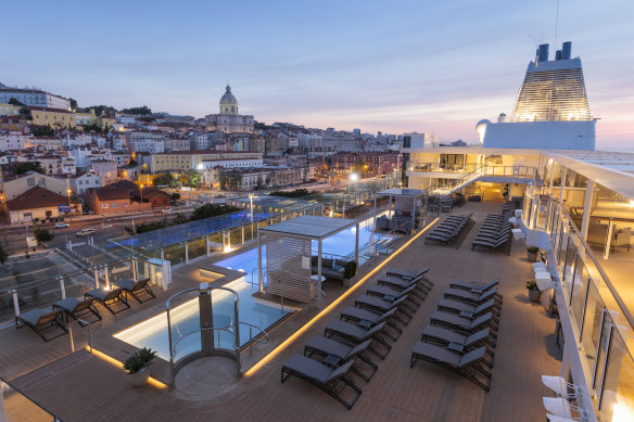 Silversea’s newest ship, Silver Ray, at port in Lisbon.