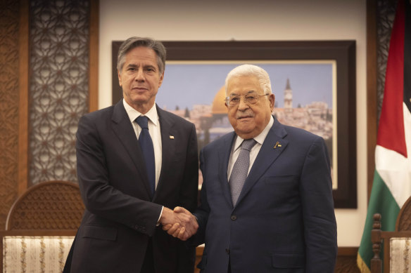 Palestinian President Mahmoud Abbas (right) meets US Secretary of State Antony Blinken at his office in the West Bank city of Ramallah on  November 30.