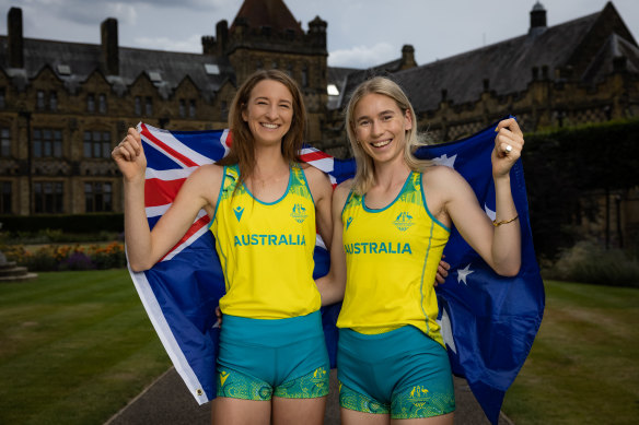 Australian high jumpers Nicola Olyslagers (left) and world champion Eleanor Patterson at the team’s athletics base in Tonbridge.